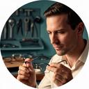 Lucas Müller prüft eine Brillenfassung an seinem Arbeitstisch