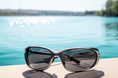 Sonnenbrille mit polarisierten Gläsern neben reflektierendem Wasser bei hellem Sonnenschein