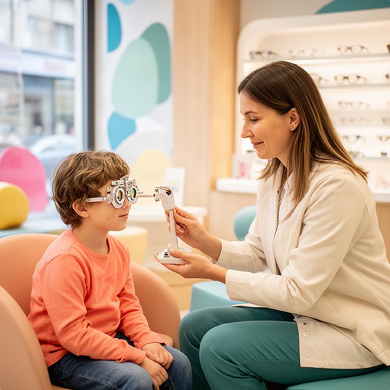 Kind sitzt entspannt neben einer Optikerin während einer spielerischen Augenuntersuchung