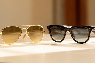 Goldene Aviator- und schwarze Wayfarer-Sonnenbrille auf hellem Beratungstisch